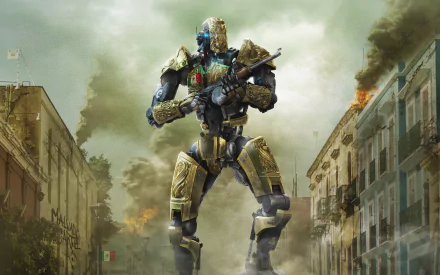 HD PC desktop wallpaper: Juarez 2045 movie scene — towering armored combat mech with rifle stands in a smoke-filled, burning city street between damaged buildings.