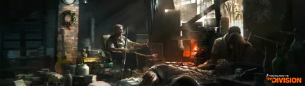 HD PC desktop wallpaper from the video game Tom Clancy's The Division, depicting a tense indoor scene with a man tending a fire and a figure lying on the floor.