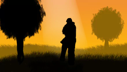 A vibrant silhouette of a couple embracing against a warm sunset, surrounded by softly lit trees, capturing a moment of love in an artistic HD desktop wallpaper.
