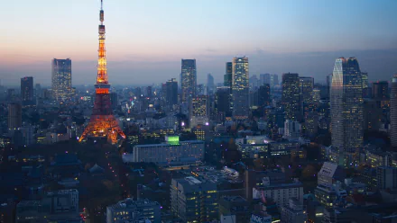 Twilight view of Tokyo Tower illuminated amid the cityscape of Tokyo, Japan. The HD image captures the iconic man-made structure and surrounding skyscrapers, creating a stunning desktop wallpaper and background.