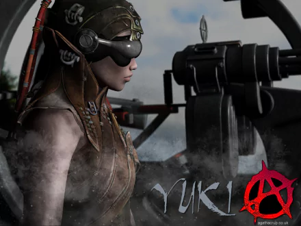 Steampunk comic HD PC desktop wallpaper: Agatha Crup in leather flight gear and goggles, side profile at a vintage cockpit amid steam, gears and a red anarchy emblem.