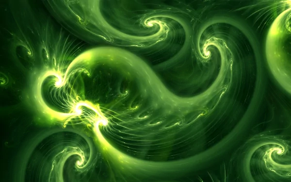 HD desktop wallpaper featuring an abstract design with glowing green swirls and light patterns.