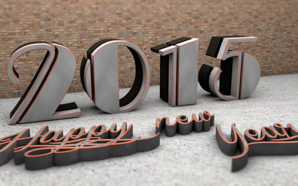 HD PC desktop wallpaper: 3D metallic 2015 on a concrete floor by a brick wall, with black-and-orange Happy New Year cursive — holiday New Year 2015 background.