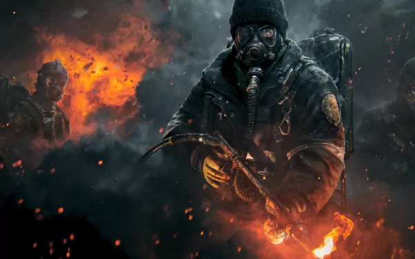 A HD desktop wallpaper from Tom Clancy's The Division, featuring a masked character with a scythe amidst flames and dark smoke in a post-apocalyptic setting.