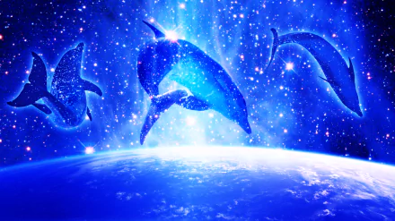 Three glowing dolphins leap through a starry cosmic expanse above Earth, creating a vibrant and imaginative space-themed desktop wallpaper.