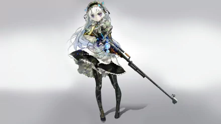 HD PC desktop wallpaper featuring an anime character from Chaika - The Coffin Princess - in a detailed dark outfit holding a long rifle against a white background.