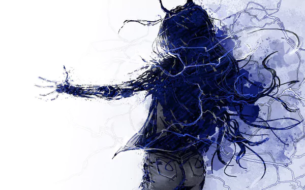 HD PC desktop wallpaper featuring Vriska Serket from Homestuck, illustrated with dynamic, dark blue and black ink-like strokes by the artist.
