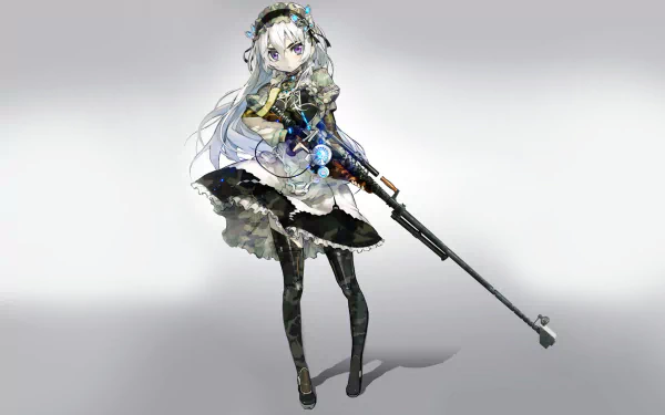 HD PC desktop wallpaper featuring an anime character from Chaika - The Coffin Princess - in a detailed dark outfit holding a long rifle against a white background.