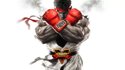 HD wallpaper featuring Ryu from Street Fighter V, showcasing his iconic red boxing gloves and determined expression against a dramatic backdrop.