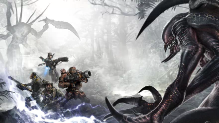 HD PC desktop wallpaper featuring intense battle scenes from the video game Evolve, showcasing hunters confronting a menacing alien creature in a misty forest.