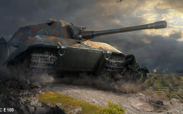 HD desktop wallpaper featuring the Panzerkampfwagen E-100 tank from the video game World of Tanks, depicted in a dramatic battlefield setting with a cloudy sky.