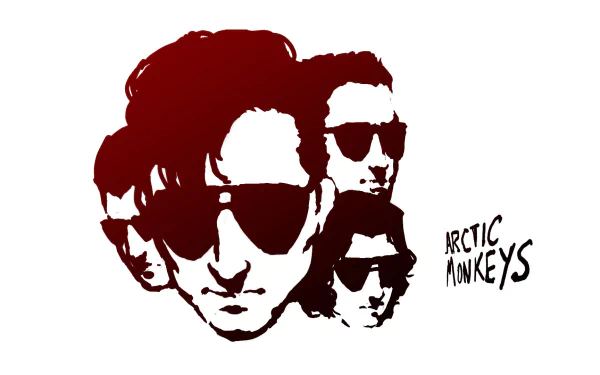 A stylized illustration of the Arctic Monkeys, featuring band members in sunglasses, designed as a high-definition desktop wallpaper for music enthusiasts.