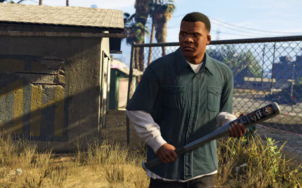 HD desktop wallpaper featuring Franklin Clinton from Grand Theft Auto V, holding a baseball bat in a rundown urban setting.