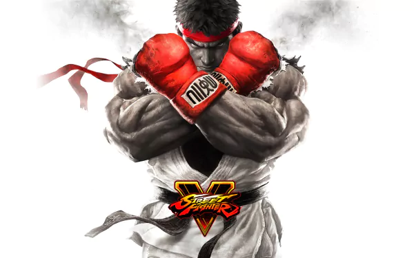 HD wallpaper featuring Ryu from Street Fighter V, showcasing his iconic red boxing gloves and determined expression against a dramatic backdrop.