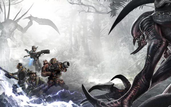 HD PC desktop wallpaper featuring intense battle scenes from the video game Evolve, showcasing hunters confronting a menacing alien creature in a misty forest.