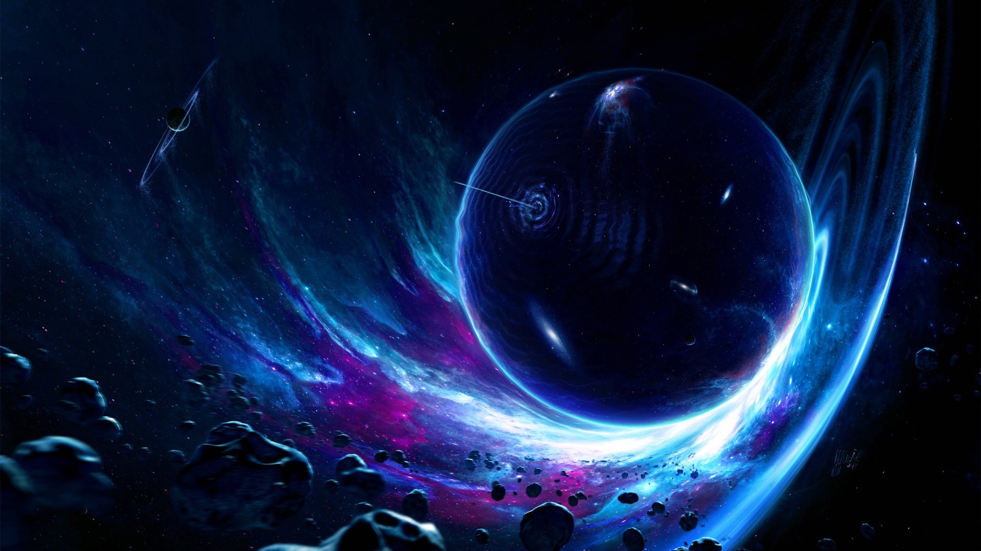 HD desktop wallpaper featuring a vibrant sci-fi scene with a luminous, ethereal space vortex and a mysterious planet amid a starlit background.