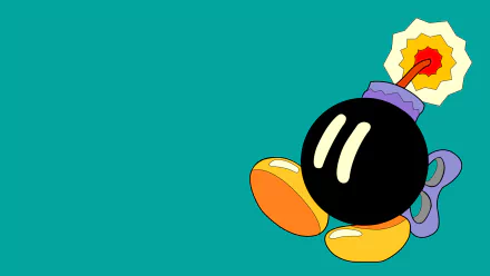 HD PC desktop wallpaper of a Bob-omb from the Super Mario Bros. video game: cartoon black bomb with yellow shoes and a purple wind-up key on a teal background.