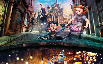 2K Quad HD PC desktop wallpaper from The Boxtrolls movie: Archibald Snatcher looms as Winnie pulls Eggs from a manhole, with Fish and other boxtrolls peeking below.