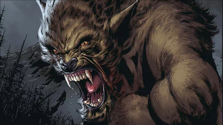 HD PC desktop wallpaper featuring an intense snarling feral creature from the Ferals comic series, showcasing detailed fur and sharp teeth against a dark background.