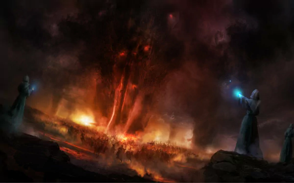 HD fantasy desktop wallpaper depicting two wizards casting glowing spells against a fiery, dark sky with a looming demonic figure in the background.