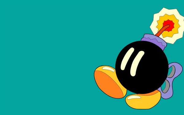 HD PC desktop wallpaper of a Bob-omb from the Super Mario Bros. video game: cartoon black bomb with yellow shoes and a purple wind-up key on a teal background.