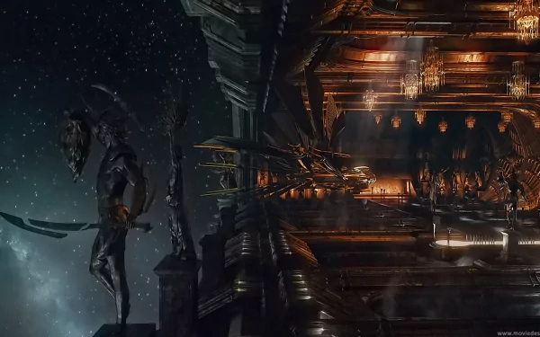 HD desktop wallpaper from Jupiter Ascending featuring a futuristic figure and architecture against a starry sky backdrop.