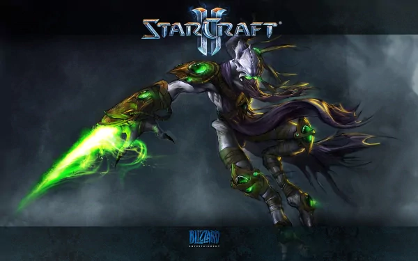 HD wallpaper of Zeratul from StarCraft II, showcasing the Protoss warrior with vibrant green energy in an action pose against a dramatic backdrop.