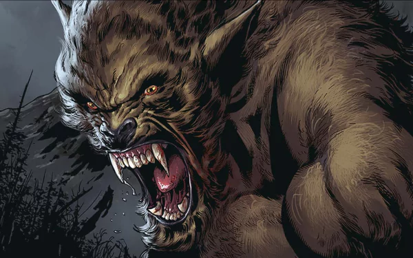 HD PC desktop wallpaper featuring an intense snarling feral creature from the Ferals comic series, showcasing detailed fur and sharp teeth against a dark background.