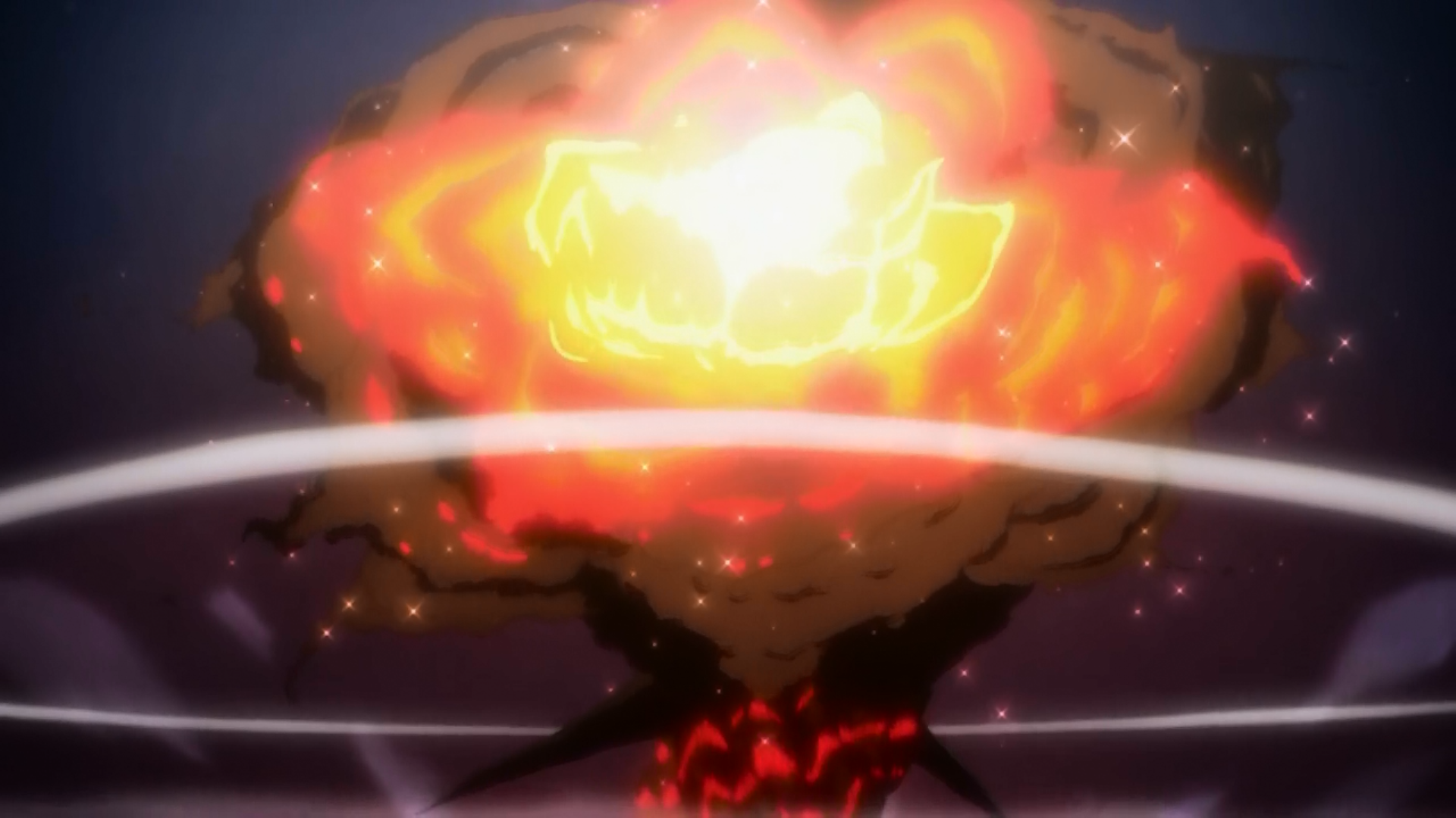 HD desktop wallpaper featuring an explosive scene from Hunter x Hunter with vivid orange hues and dynamic energy effects.