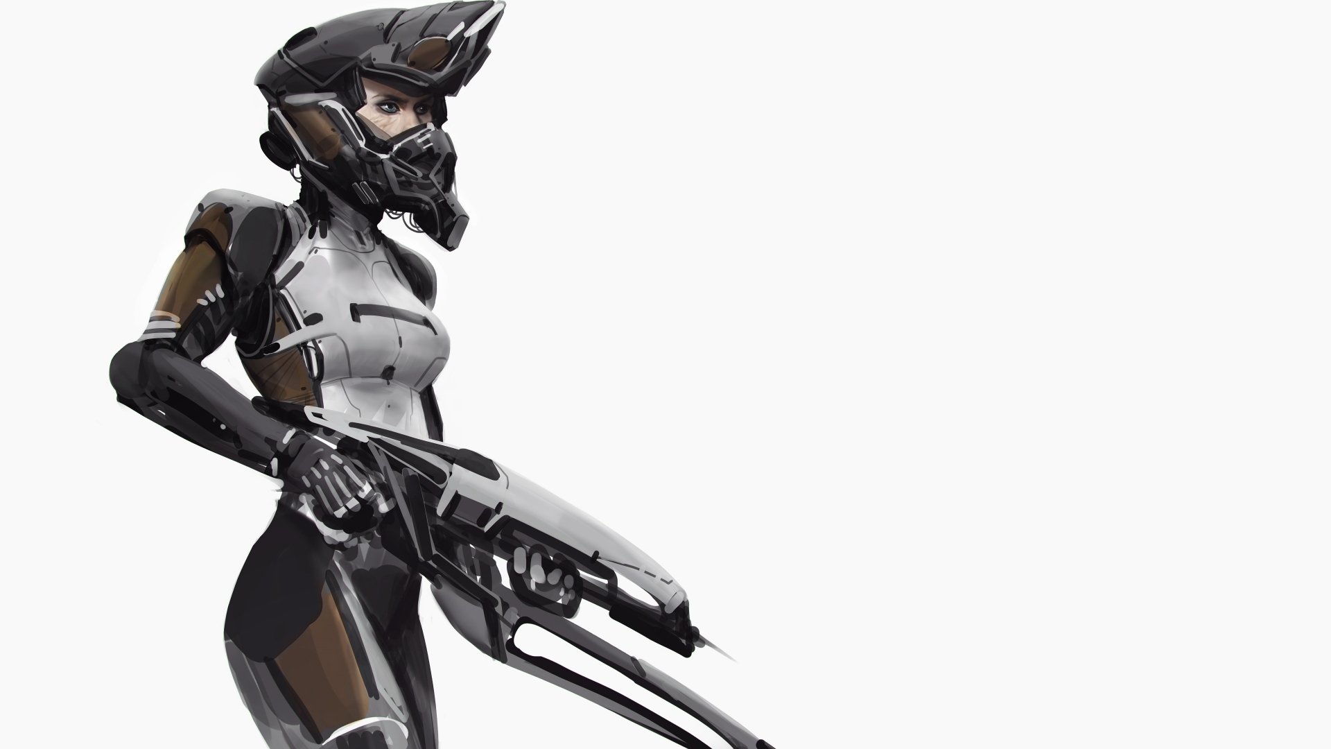 4K Ultra HD PC wallpaper of a sci-fi woman warrior in sleek futuristic armor holding a high-tech weapon against a white background.
