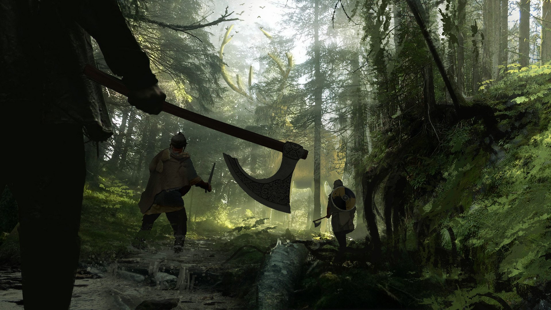 HD PC desktop wallpaper/background: fantasy warrior scene — two warriors, one a fantasy warrior swinging a massive axe, stride through a misty, sunlit forest.