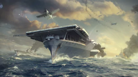 A dynamic HD wallpaper showcasing a warship from the video game World of Warships, set against a dramatic sky with planes and explosions in the background.
