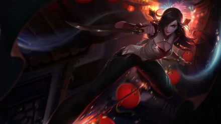 HD desktop wallpaper featuring Katarina from the video game League of Legends, in a dynamic action pose with vibrant lighting and detailed background elements.