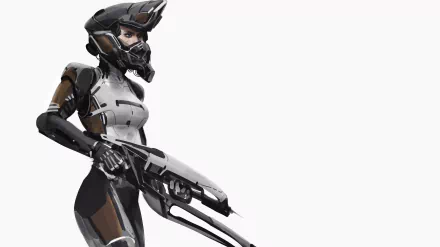 4K Ultra HD PC wallpaper of a sci-fi woman warrior in sleek futuristic armor holding a high-tech weapon against a white background.