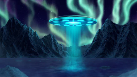 A vibrant aurora borealis illuminates a mountainous Arctic landscape, with a Sci-Fi UFO emitting a blue light above a serene lake, creating a captivating and otherworldly scene.