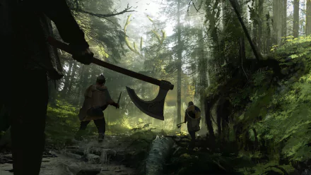 HD PC desktop wallpaper/background: fantasy warrior scene — two warriors, one a fantasy warrior swinging a massive axe, stride through a misty, sunlit forest.