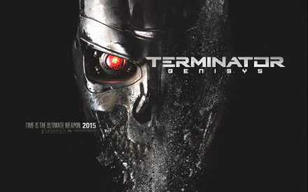 HD PC desktop wallpaper featuring a close-up of a Terminator cyborg eye and half-destroyed face from the movie Terminator Genisys, with the title prominently displayed.