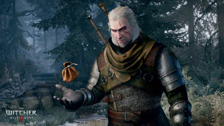 Geralt of Rivia stands in a forest, holding a small pouch, embodying the immersive world of The Witcher 3: Wild Hunt in this HD PC desktop wallpaper.