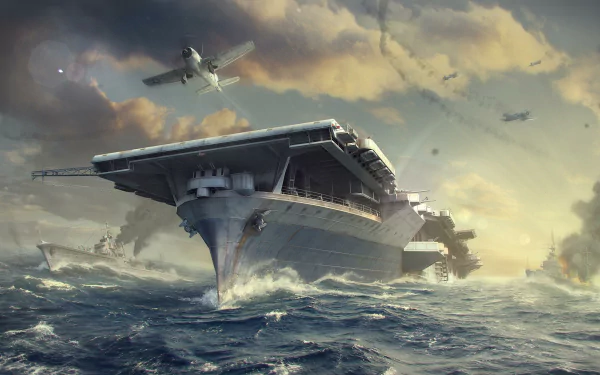 A dynamic HD wallpaper showcasing a warship from the video game World of Warships, set against a dramatic sky with planes and explosions in the background.