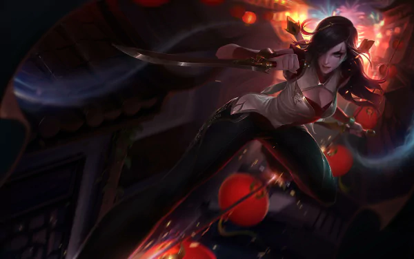 HD desktop wallpaper featuring Katarina from the video game League of Legends, in a dynamic action pose with vibrant lighting and detailed background elements.