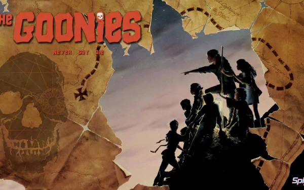 HD PC desktop wallpaper featuring a silhouetted group from the movie The Goonies atop a rocky peak with a treasure map and skull background.