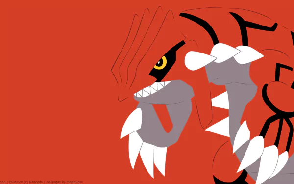 Minimalist anime-style HD desktop wallpaper featuring Groudon from Pokémon Ruby, Sapphire, and Emerald against a bold red background.