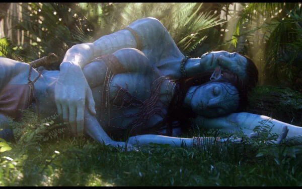 Neytiri and Jake Sully, characters from Avatar, embrace while sleeping in a serene natural setting, surrounded by lush grass and foliage, capturing a tranquil moment in their world.