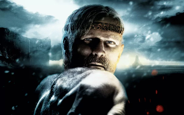 A dramatic HD desktop wallpaper featuring a character from the movie *Beowulf* (2007), showcasing a powerful figure against a dark, atmospheric backdrop.