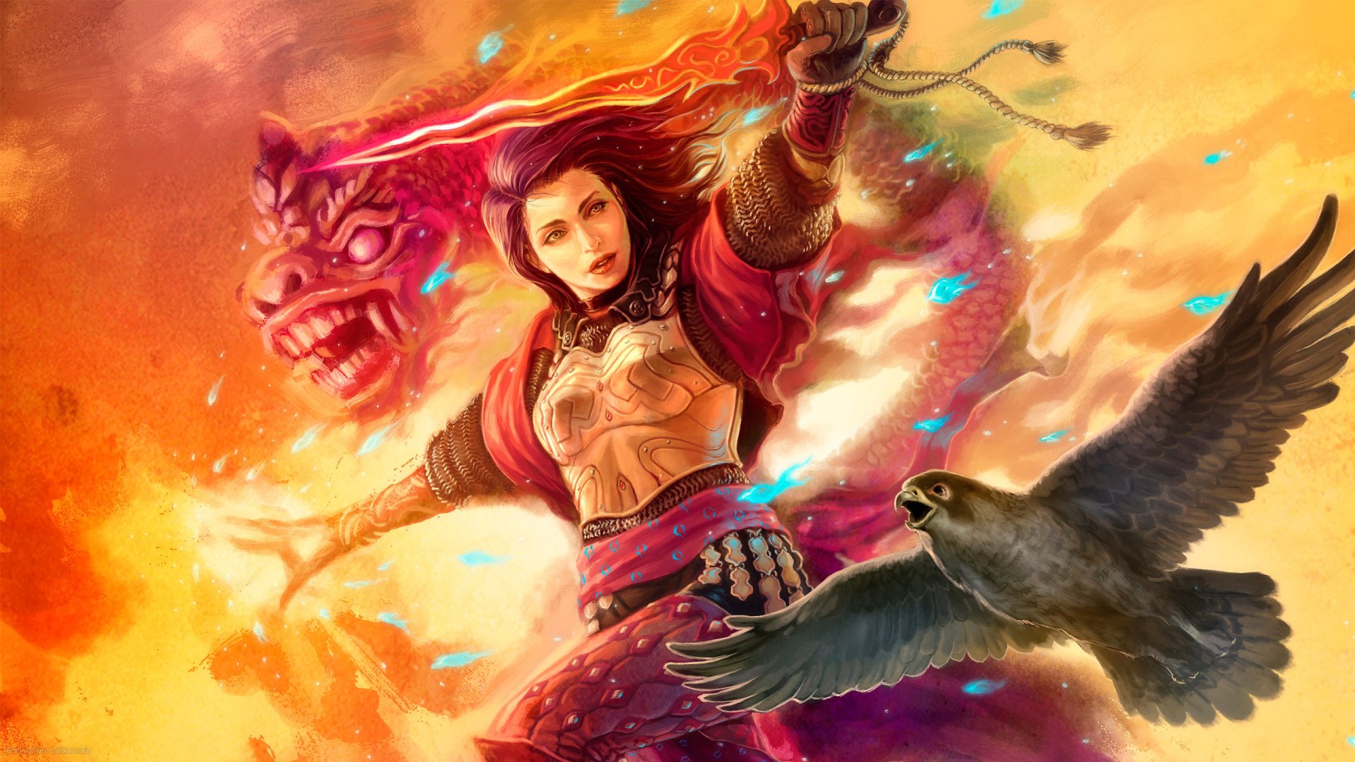 HD fantasy PC desktop wallpaper featuring a fierce woman warrior wielding a flaming sword, surrounded by fiery light and a soaring hawk.