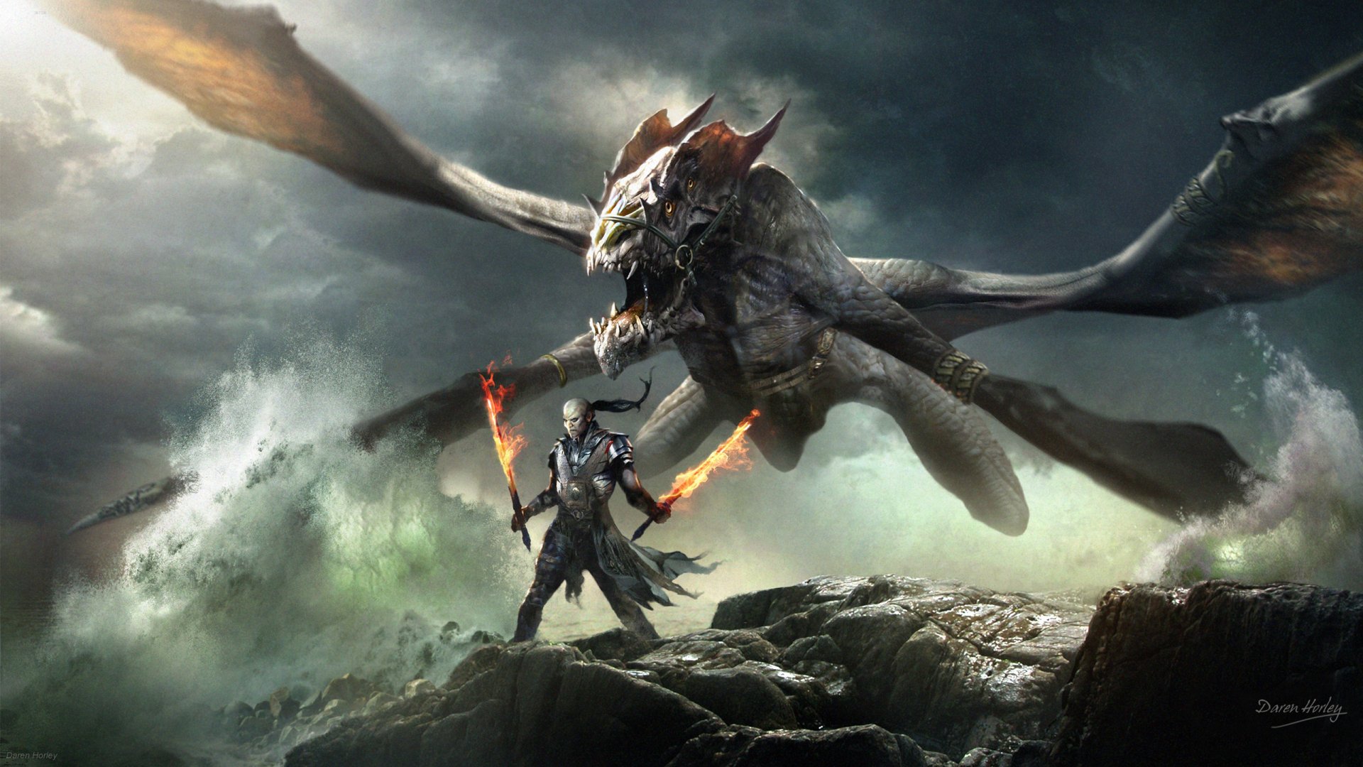 Dark fantasy HD desktop wallpaper depicting a fierce warrior wielding flaming swords facing a menacing dragon amid a stormy, turbulent landscape.