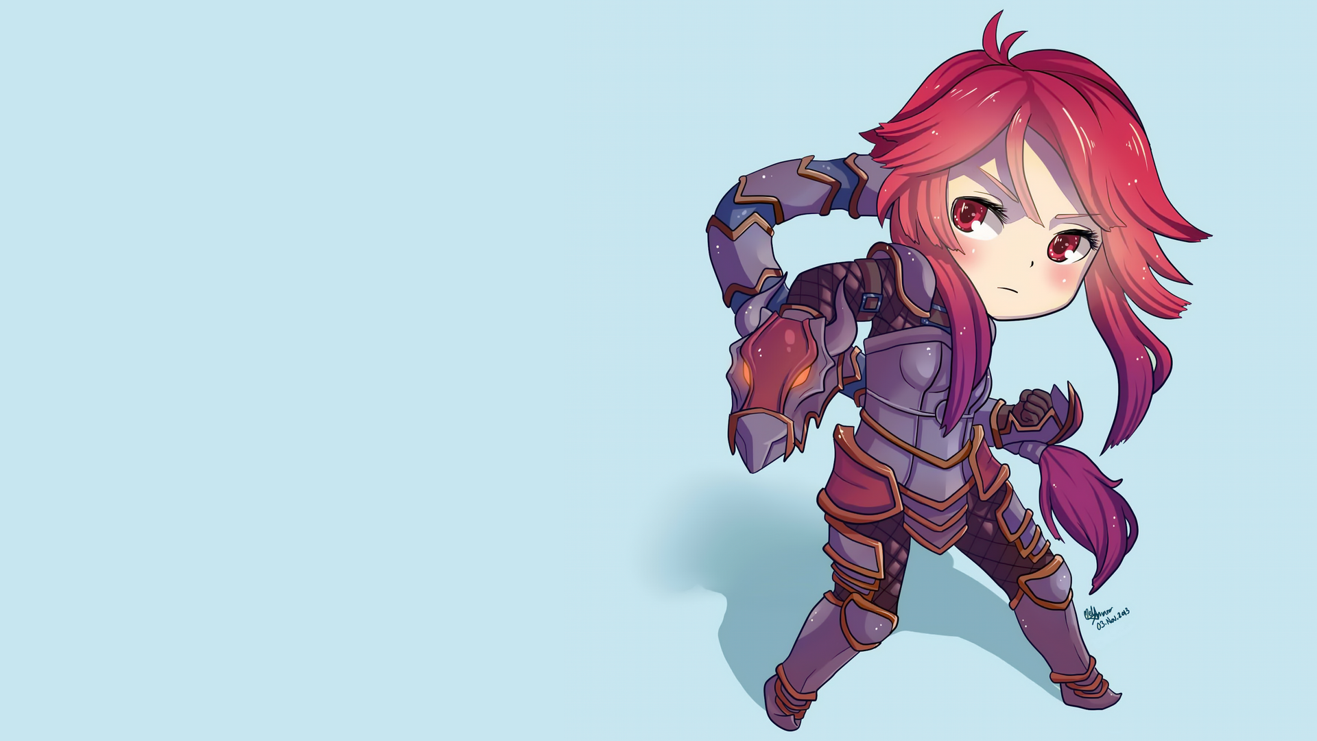 Chibi Shyvana (League of Legends) in purple armor with red hair and a mighty gauntlet on a pale blue field — League of Legends video game HD PC desktop wallpaper/background.