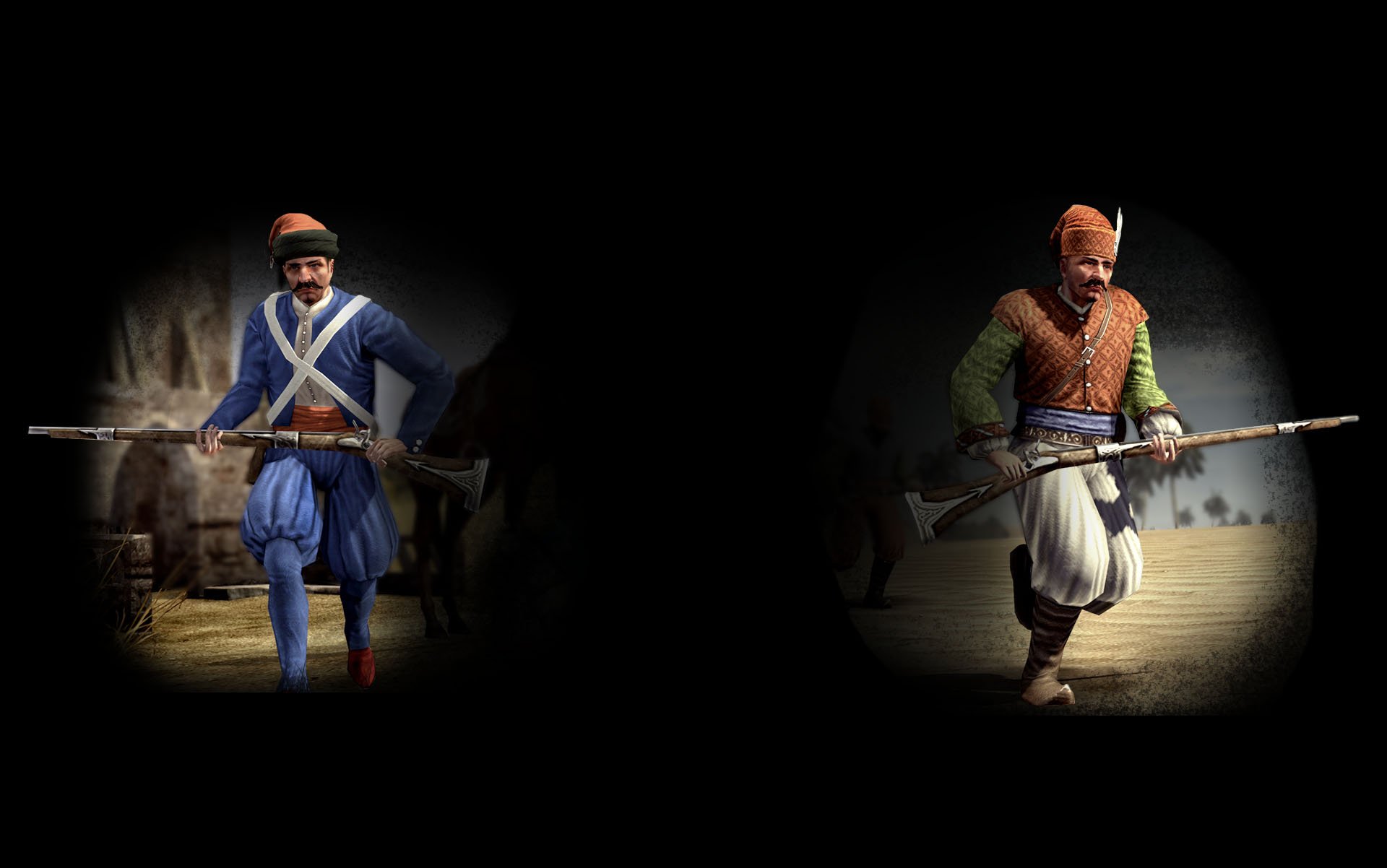 HD PC desktop wallpaper for the video game Empire: Total War — two infantrymen: a blue musketeer and an orange-turbaned soldier set against dark vignettes.