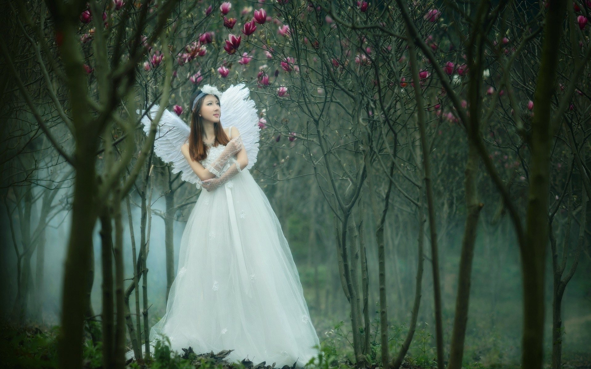 Woman in a white gown with angel wings standing among magnolia blossoms in a misty forest — HD PC desktop wallpaper background.