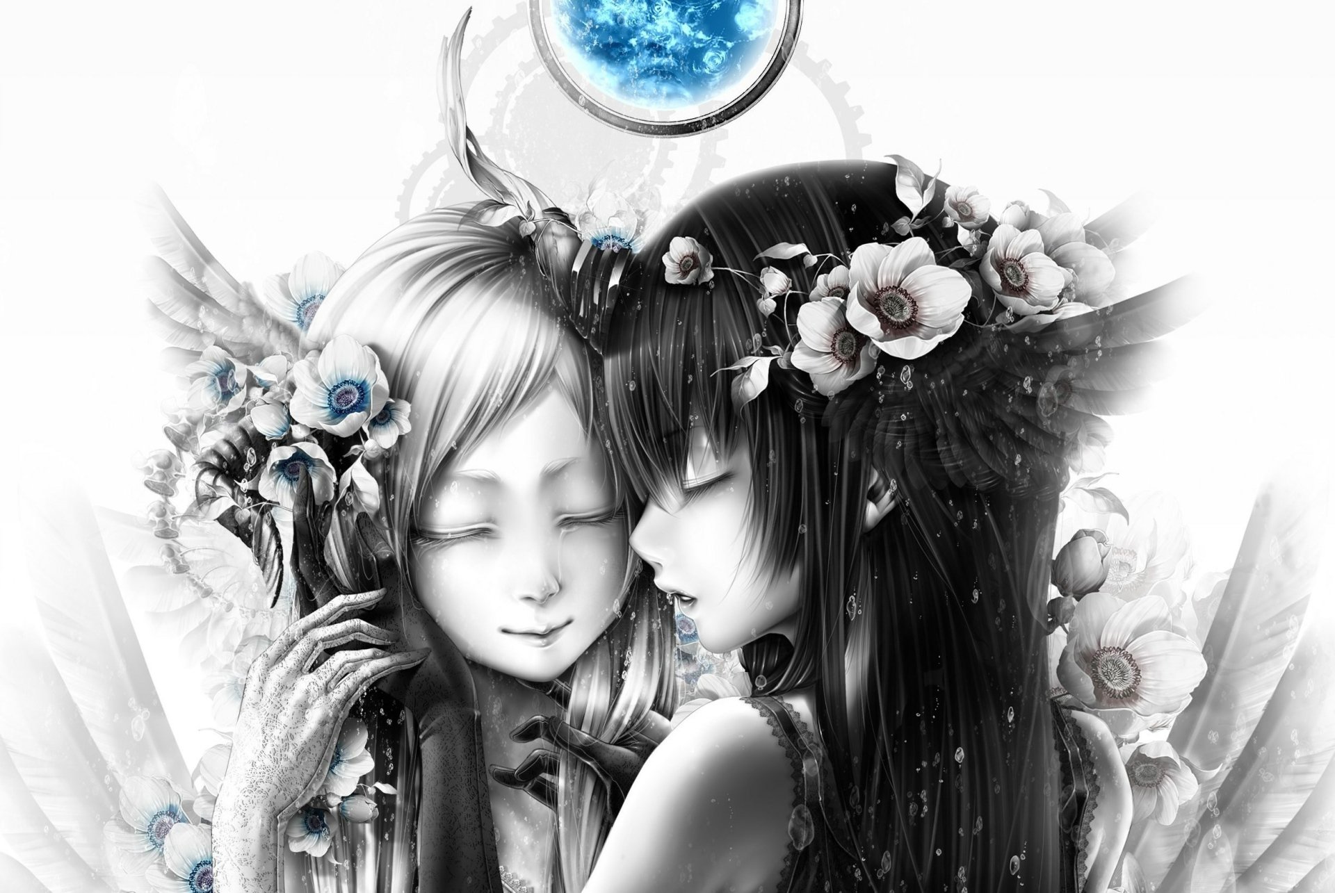 A captivating black and white anime illustration by Buono Satochi, featuring two ethereal figures adorned with flowers, set against a mystical background with a glowing moon.